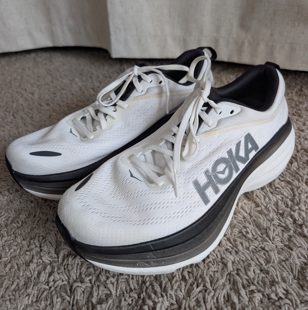 Hoka Men's Bondi 8 Everyday Running Shoes White and Black Athletic Shoes Size 9D